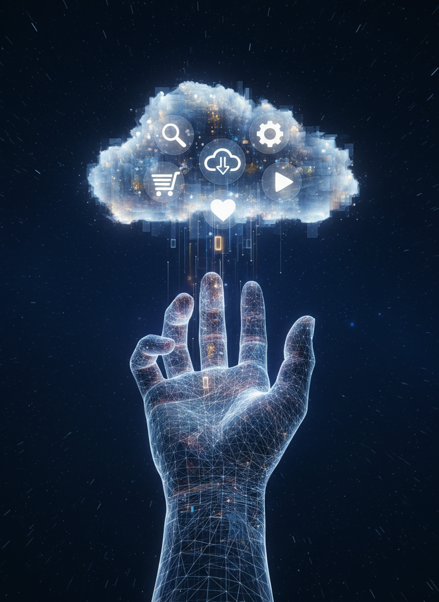 구름에서 빛나는 무료 아이콘 무리를 다운로드하기 위해 뻗은 양식화된 손, 무료 액세스를 개념적으로 보여줍니다.