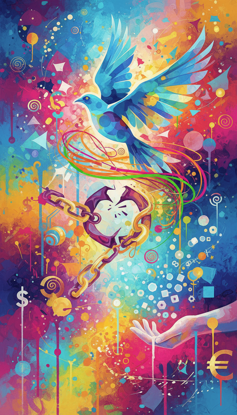 기하학적 도형과 유동적인 선이 '무료' 아이콘을 형성하여 자유와 무상함을 표현하는 추상 미술 작품.