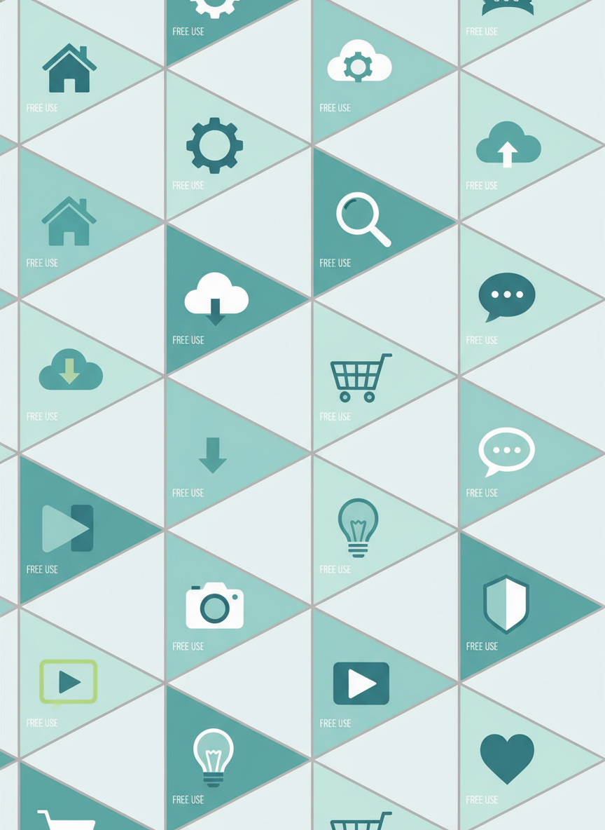 다양한 일반적인 개념에 대해 무료 사용이 가능함을 나타내는, 이음매 없는 아이소메트릭 그리드에 배열된 현대적이고 깔끔한 선의 아이콘들.