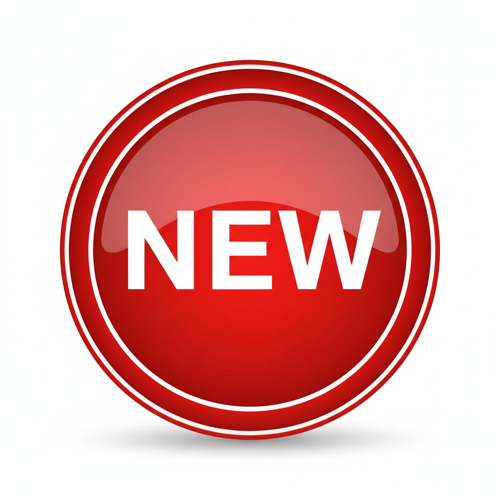 프로모션에 사용되는 빨간색 배경에 굵은 흰색 텍스트가 있는 선명하고 현대적인 원형 'New' 배지 아이콘.