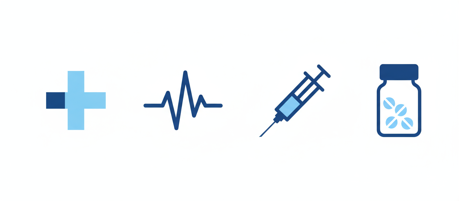 십자가, 심박 모니터, 주사기, 약병을 포함한 전문적이고 현대적인 플랫 디자인 의료 아이콘.