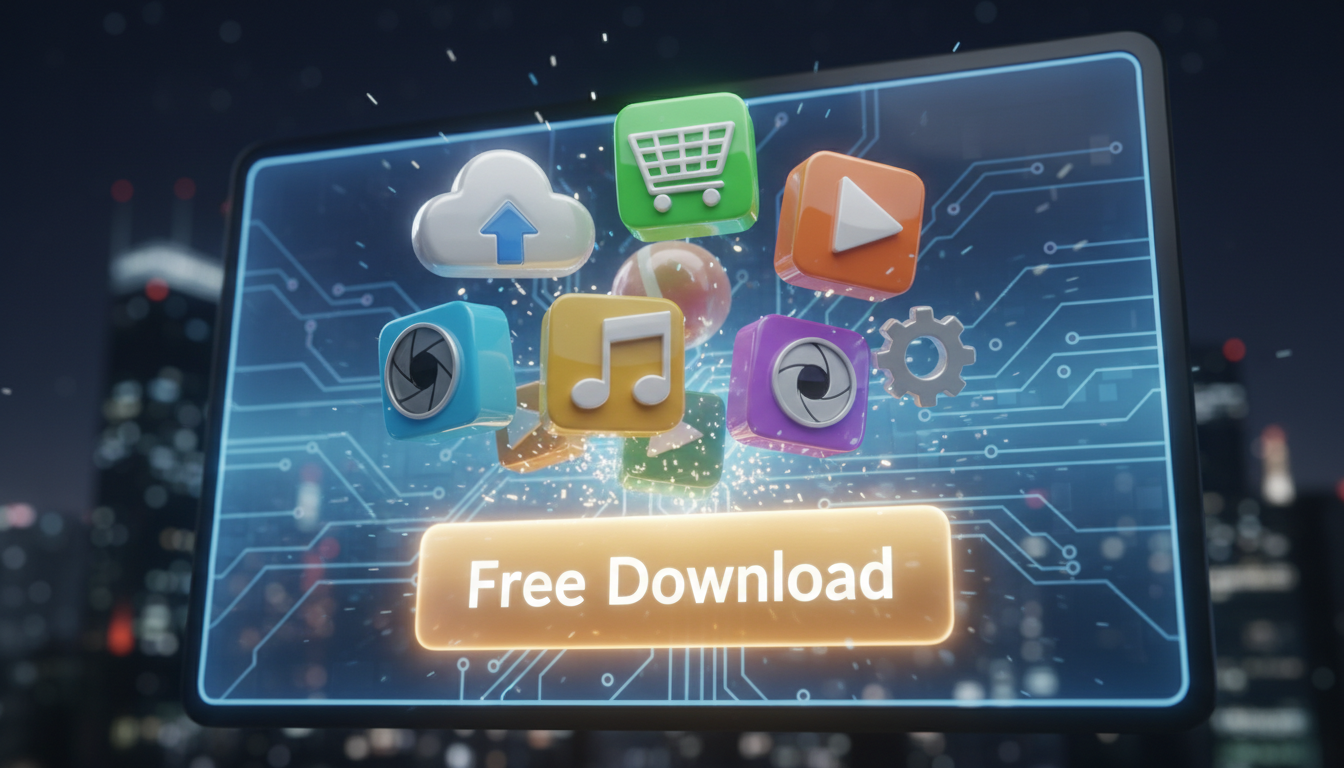 디지털 화면에서 튀어나오는 역동적인 3D 아이콘과 눈에 띄는 '무료 다운로드' 버튼이 밝게 빛나고 있습니다.