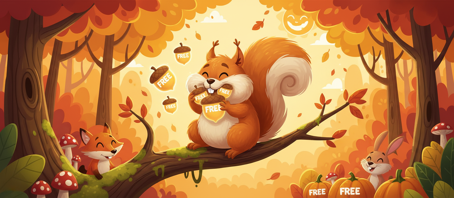 귀여운 만화 다람쥐가 장난기 넘치는 숲속에서 빛나는 '무료' 도토리 아이콘을 모으고 있습니다.