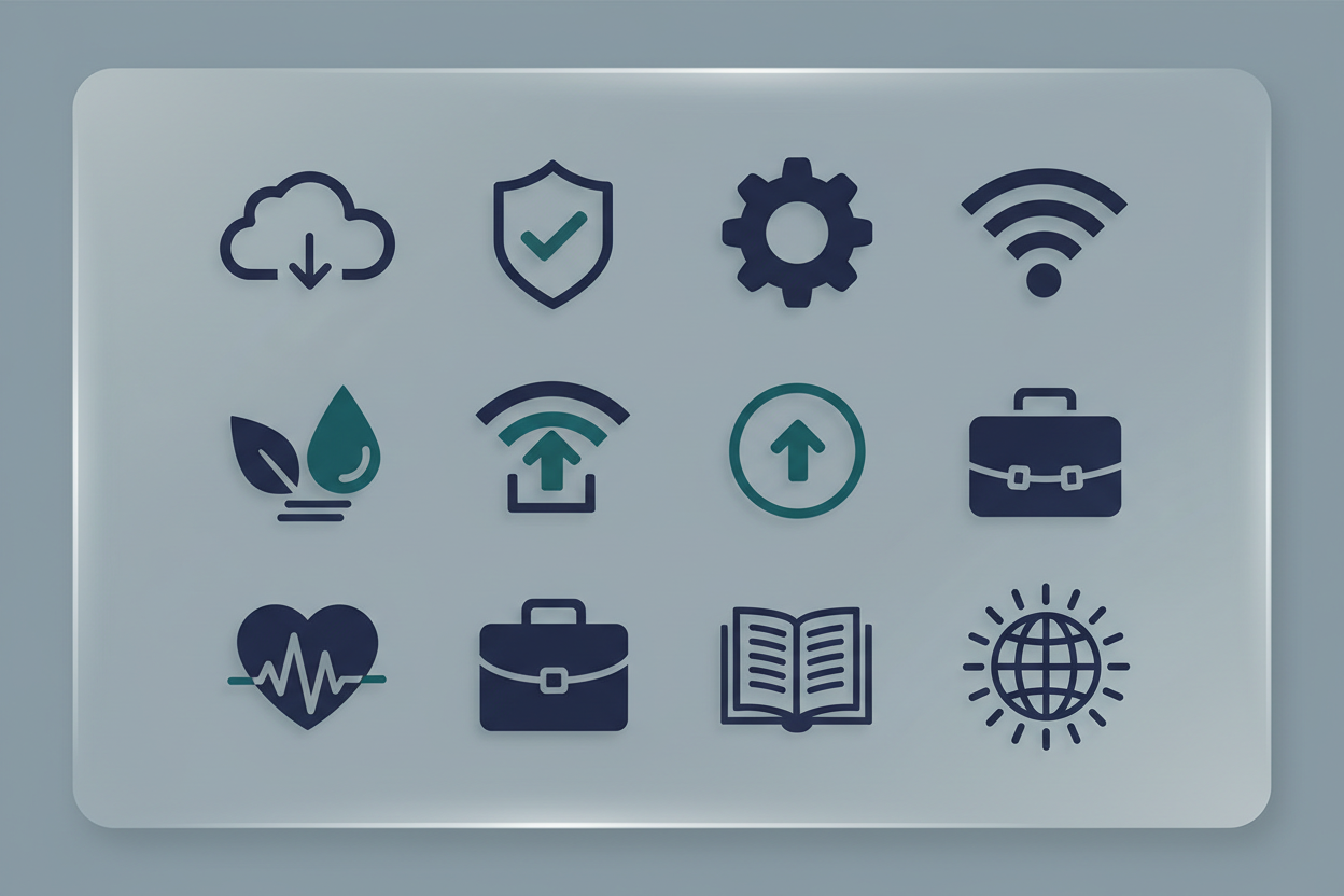 깊은 파란색과 청록색 톤의 세련된 단색 무료 아이콘 세트로, 평온함과 전문성을 전달합니다.