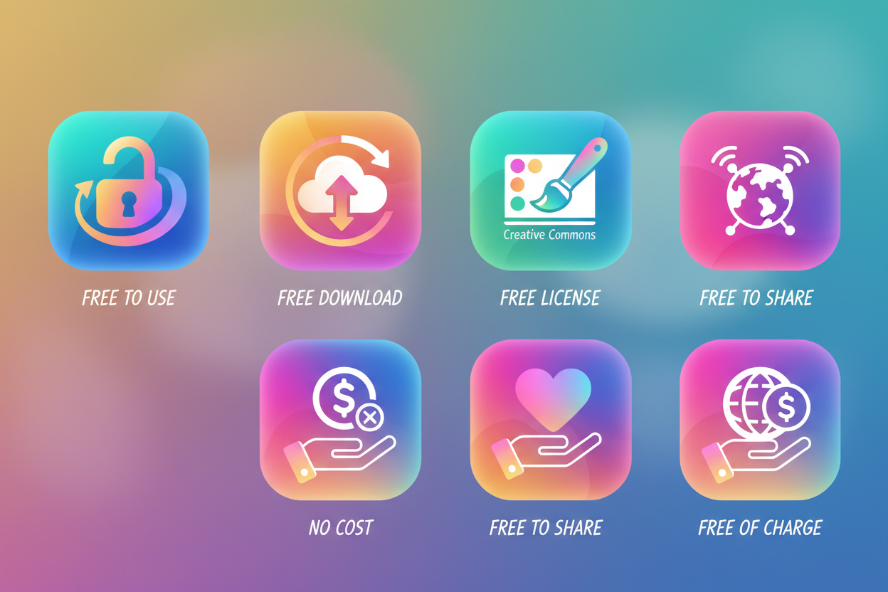 매끄럽고 생동감 있는 그라데이션 색상을 사용한 현대적인 아이콘 컬렉션으로, 각 아이콘은 공통 개념에 대한 무료 사용을 나타냅니다.