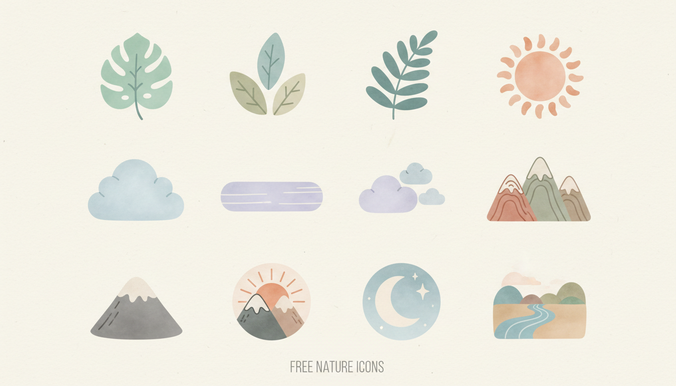 나뭇잎, 태양, 산과 같은 고요하고 자연에서 영감을 받은 무료 아이콘들이 부드럽고 유기적인 파스텔 색상으로 표현되어 있습니다.