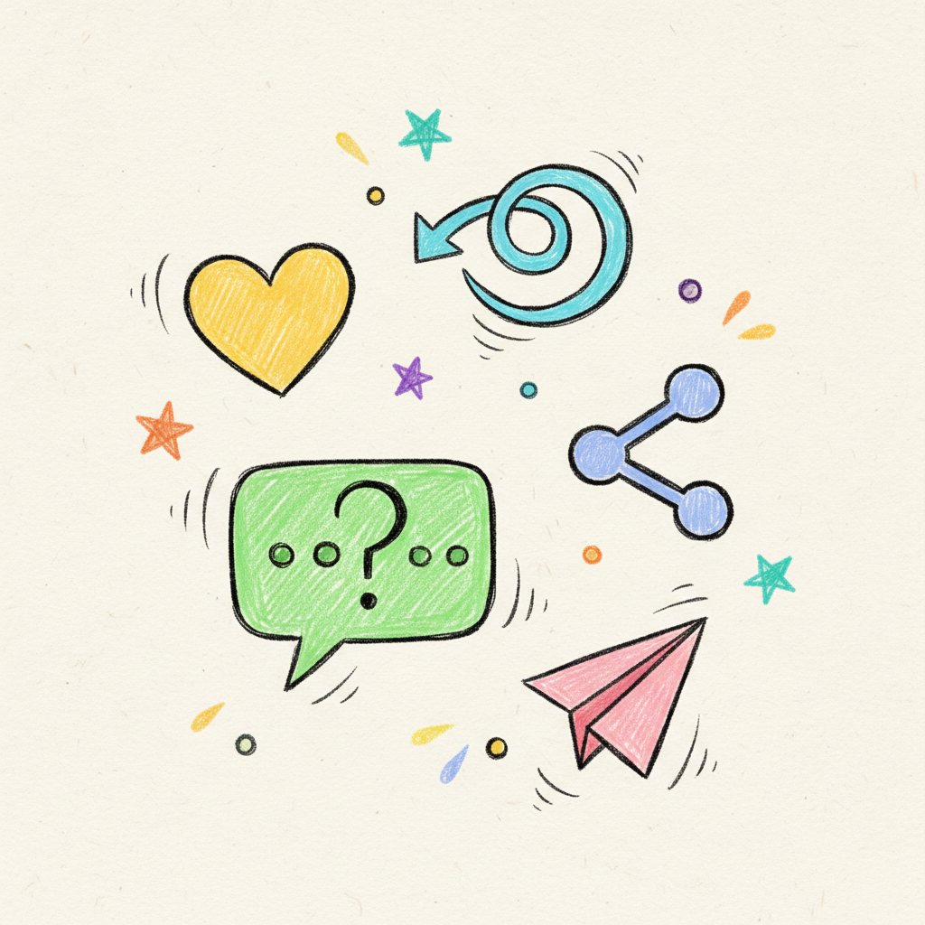 좋아요, 공유, 댓글, 메시지 심볼이 있는 장난기 넘치는 손그림 소셜 미디어 아이콘.