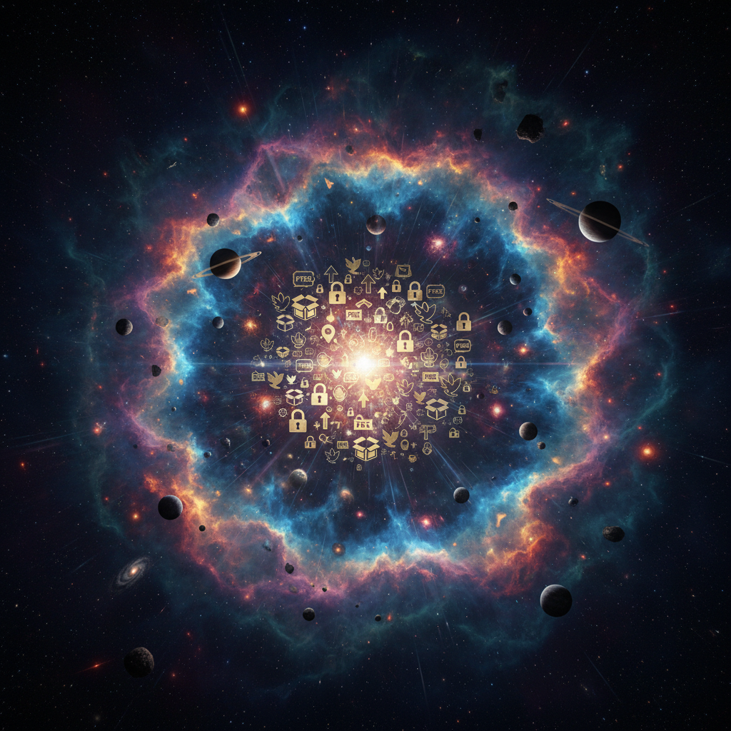 깊은 우주에서 빛나는 '무료' 아이콘 무리 주위를 소용돌이치는 우주 성운입니다.