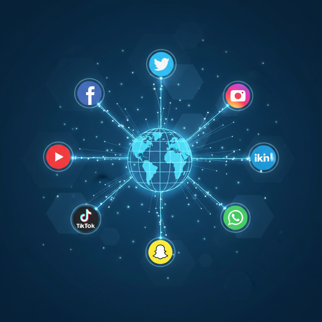 미묘한 선으로 연결된 인기 있는 무료 소셜 미디어 아이콘 네트워크로, 전 세계 디지털 커뮤니케이션을 나타냅니다.