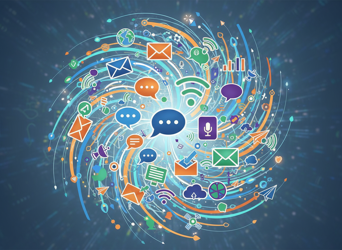 말풍선, 봉투, 와이파이 심볼 등 활기차게 연결된 무료 통신 아이콘 무리.