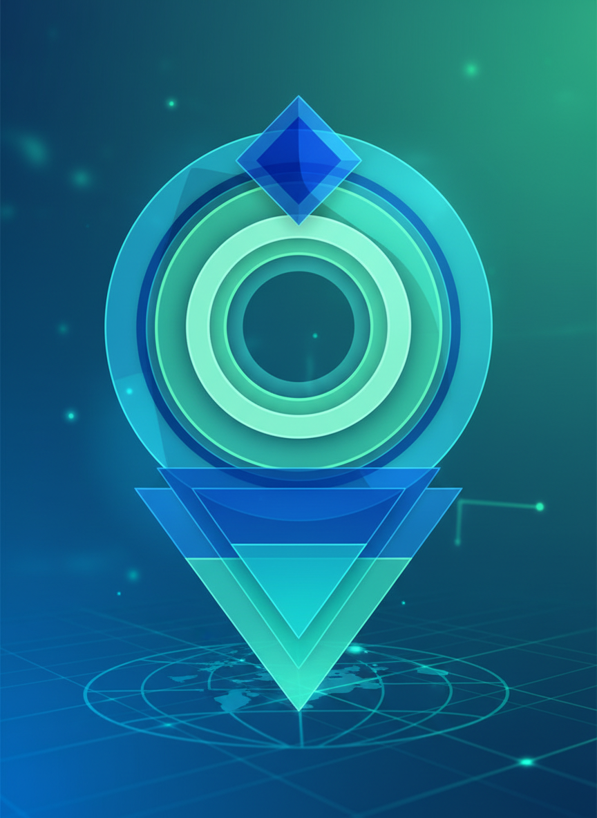 레이어드 투명성과 청록색 색 구성표가 있는 추상적인 기하학적 지도 핀 아이콘으로, 위치 마커로 사용됩니다.