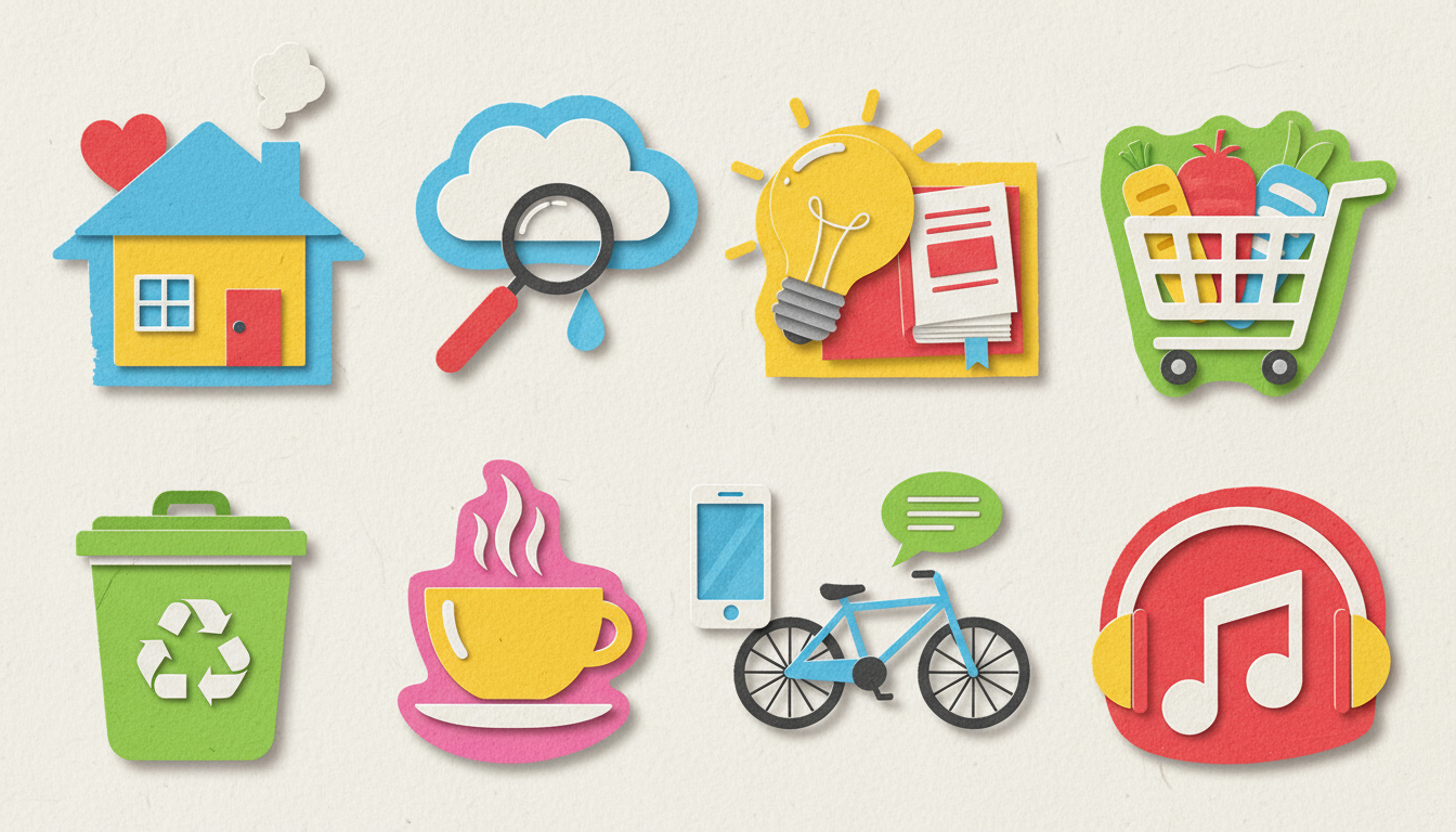 일상적인 사물을 묘사하고 그림자로 깊이를 만드는, 종이 오리기 또는 레이어 효과를 지닌 장난스러운 무료 아이콘들.