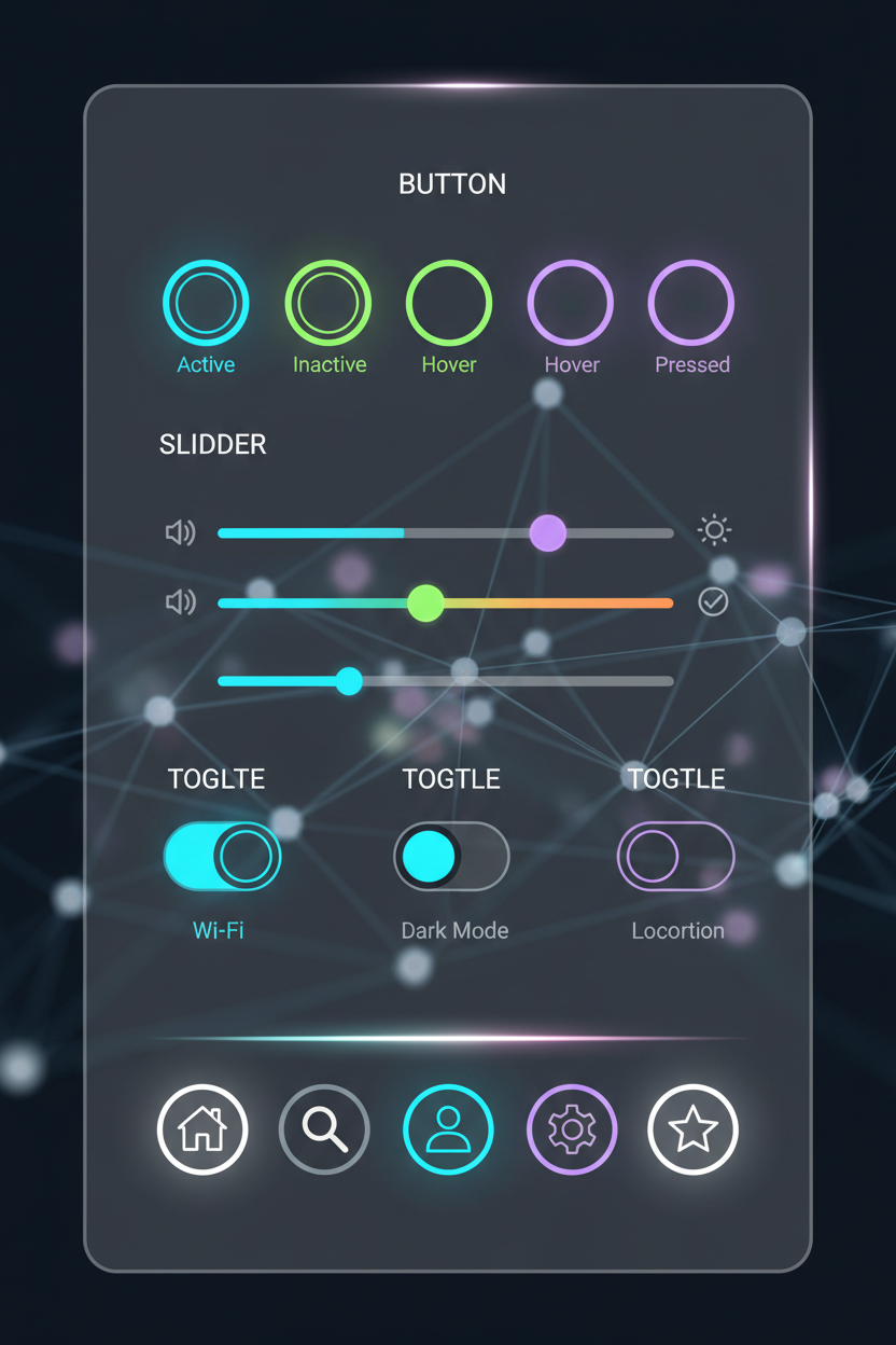 버튼, 슬라이더, 내비게이션 요소와 같은 무료 UI/UX 특정 아이콘이 선명하고 인터랙티브한 디자인으로 기능적으로 표시됩니다.