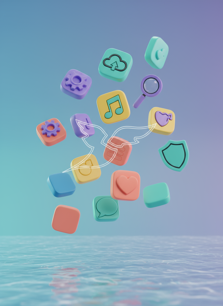 '무료' 기호가 섬세하게 통합된 다양한 '머티리얼 디자인' 아이콘이 떠다니며 생동감 넘칩니다.