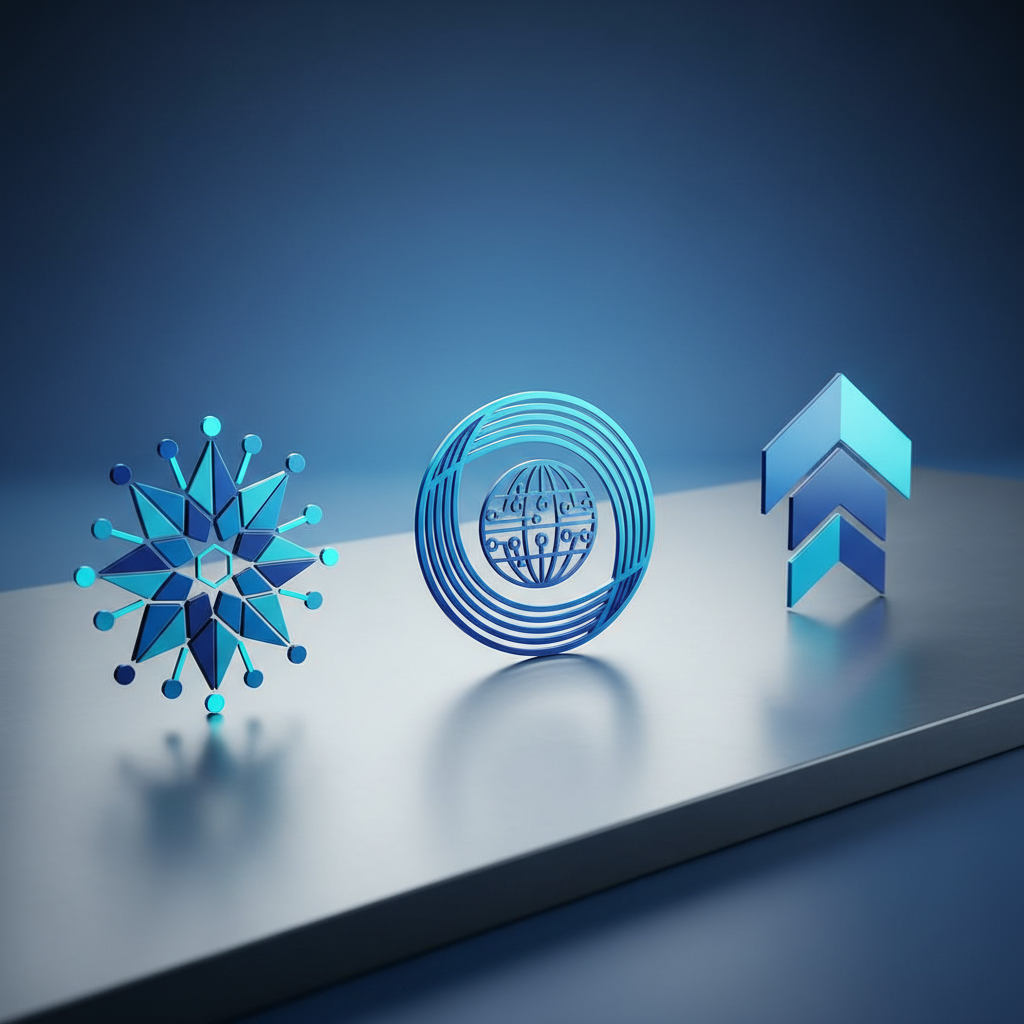 상호 연결된 형태와 깔끔한 선을 특징으로 하는 기술 스타트업을 위한 추상적인 기하학적 아이콘.