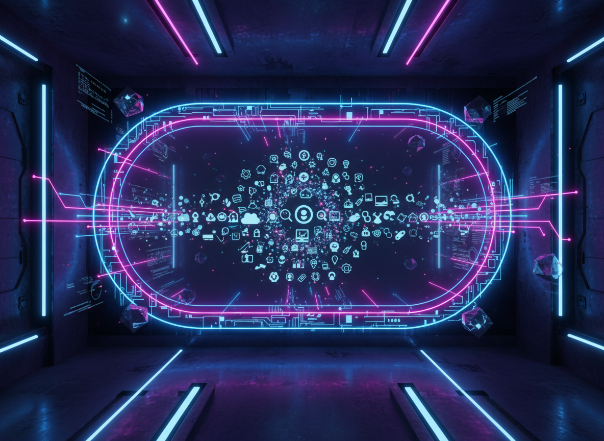 매끄럽고 빛나는 디지털 포털이 열려 무료 아이콘의 우주를 보여주는 SF 미학입니다.