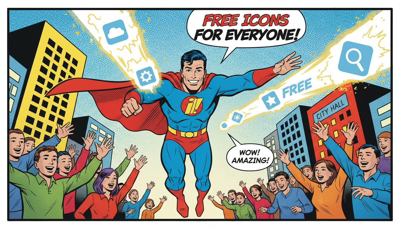 슈퍼히어로가 군중에게 무료 아이콘을 배포하는 만화 패널입니다.