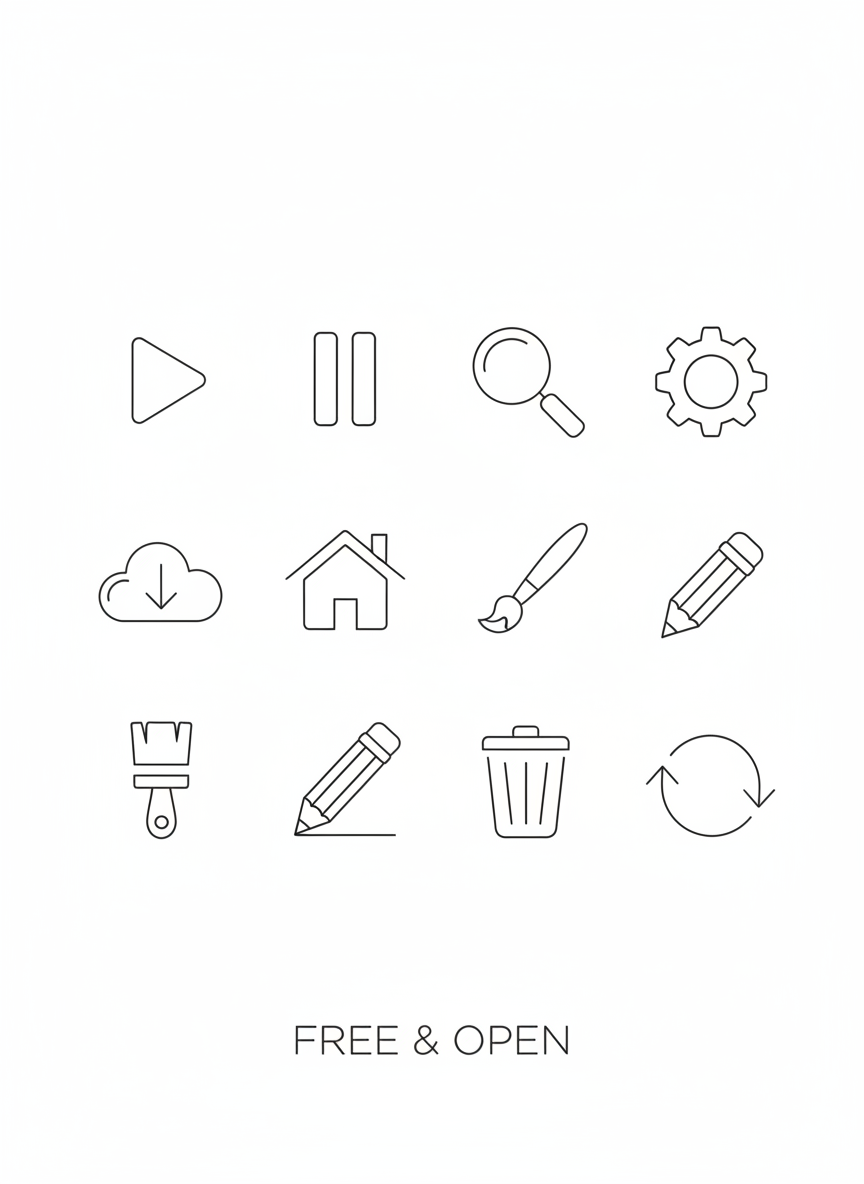 흰색 배경에 단순함과 무료 접근성을 강조하는, 일반적인 UI 요소를 묘사하는 미니멀한 라인 아트 아이콘들.