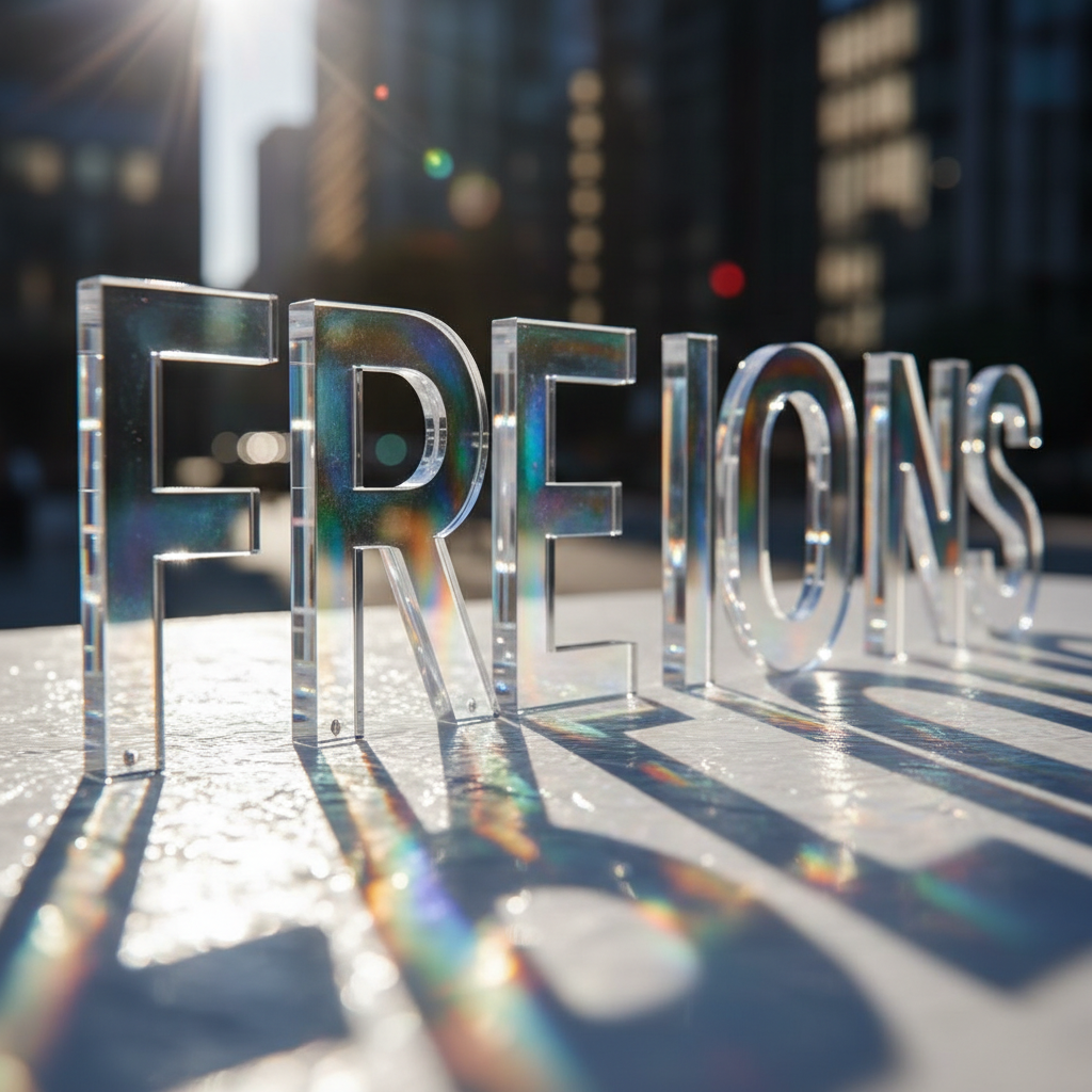 화려한 빛 반사를 일으키며 '무료 아이콘'을 철자하는 플렉시글라스 패널, 세련되고 투명한 디자인.