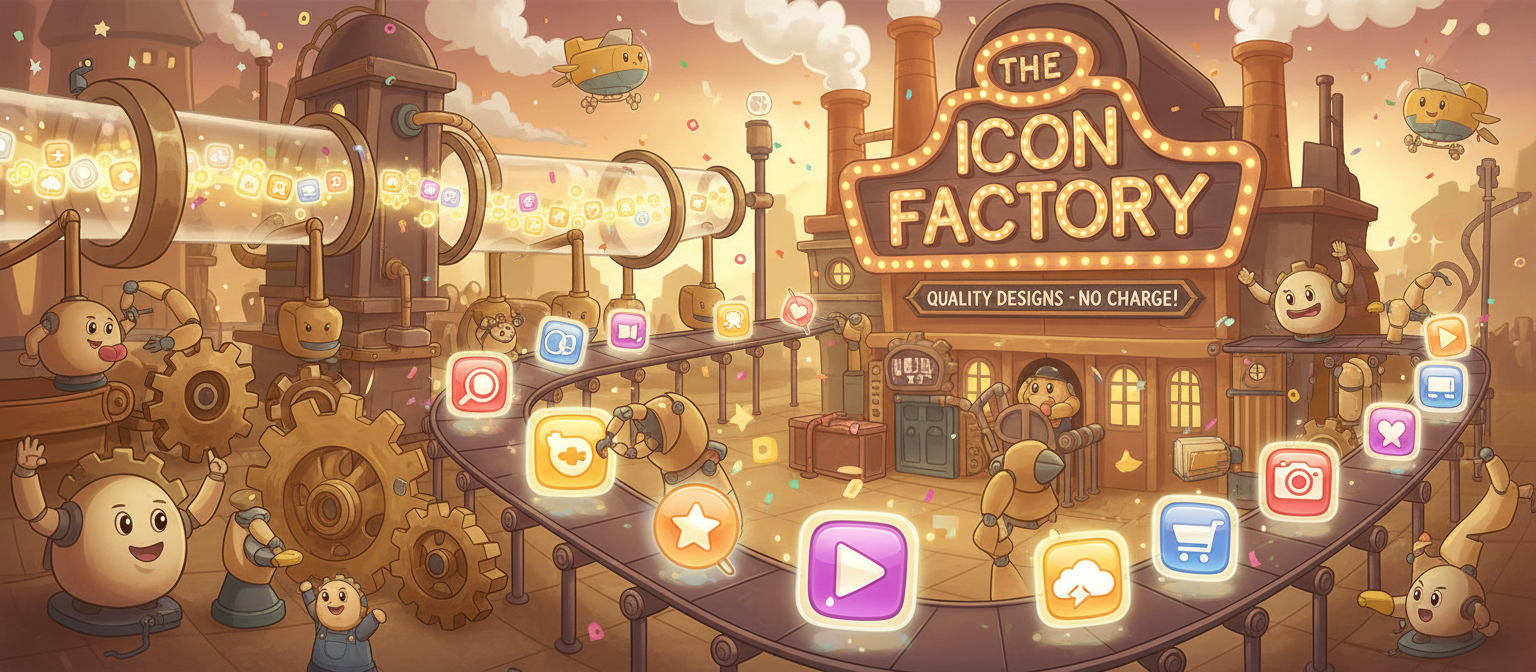 기어와 로봇 팔이 있는 '무료 아이콘'을 생산하는 기발한 공장의 즐거운 일러스트레이션입니다.