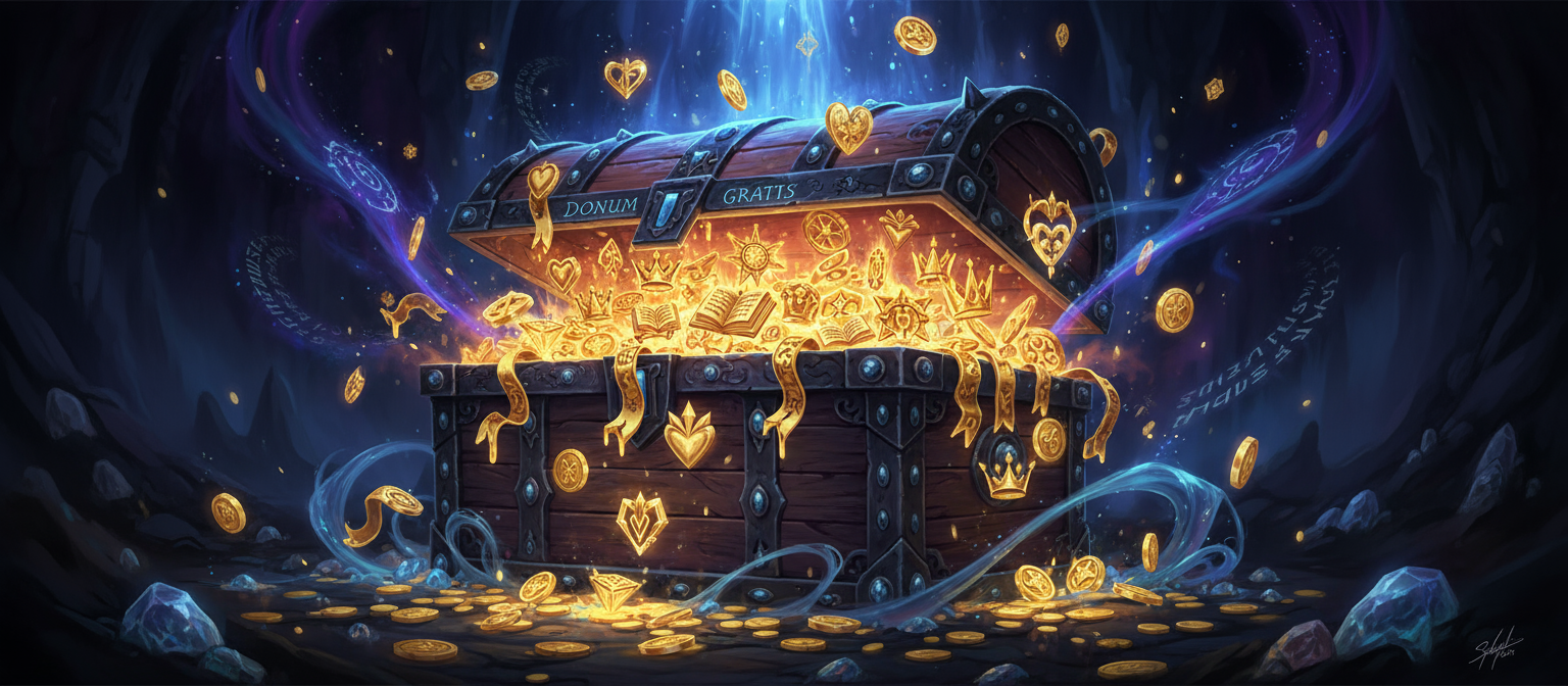 반짝이는 황금빛 무료 아이콘으로 가득 찬 보물 상자로, 높은 판타지 스타일입니다.