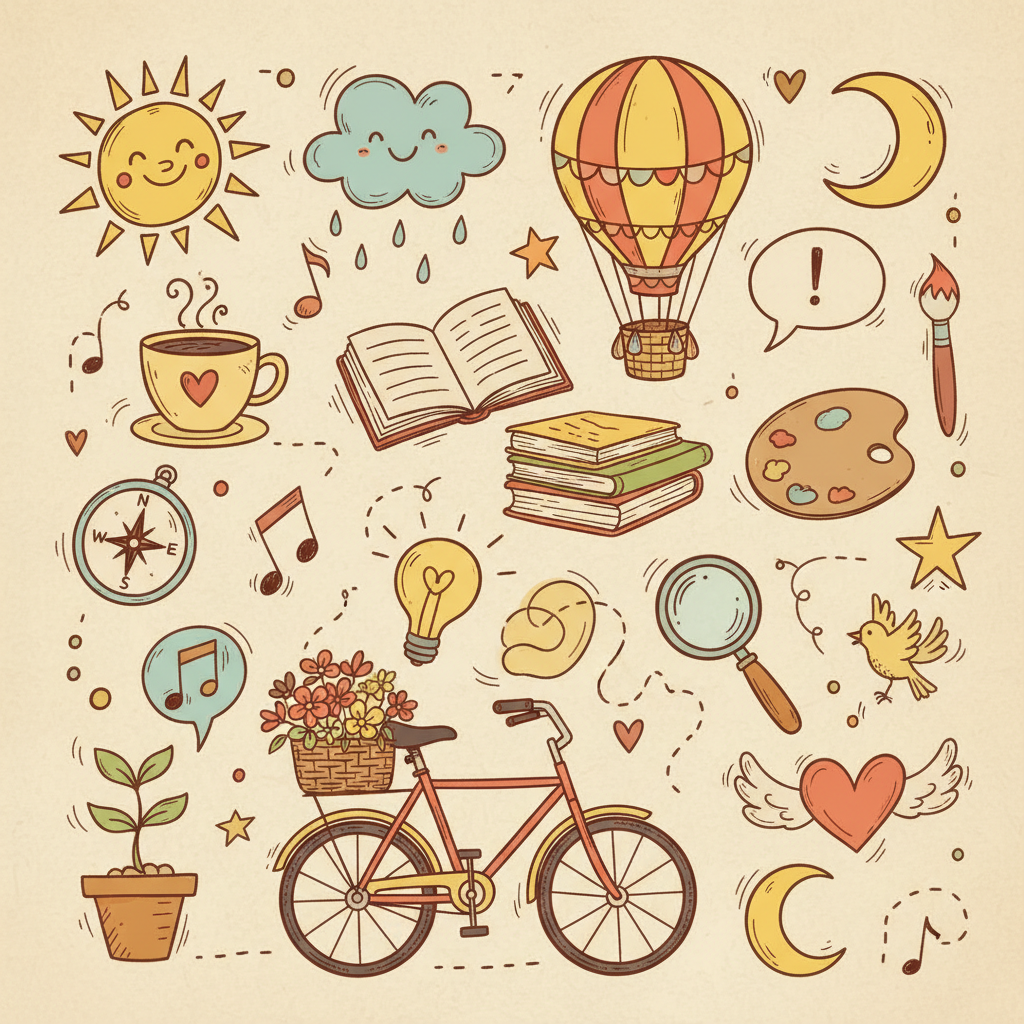 다양한 사물과 기호를 표현하며 자유로운 이용 가능성을 전달하는, 장난스럽고 손으로 그린 낙서 스타일의 아이콘들.