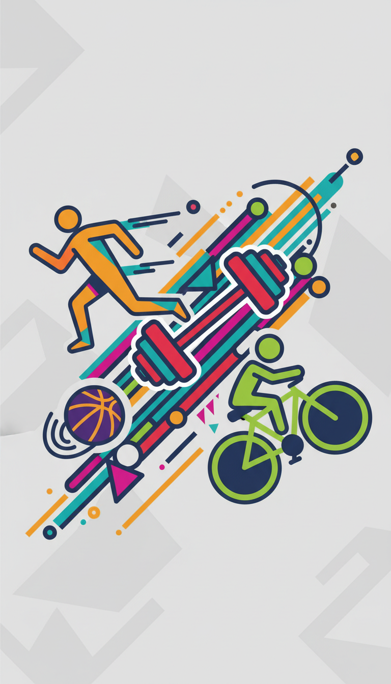 역동적인 플랫 디자인 스포츠 아이콘: 달리기, 농구, 바벨, 자전거.