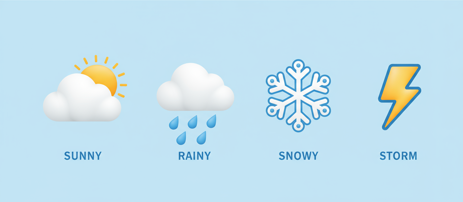 맑은 구름, 비오는 구름, 눈송이, 번개 모양의 간단한 날씨 아이콘.