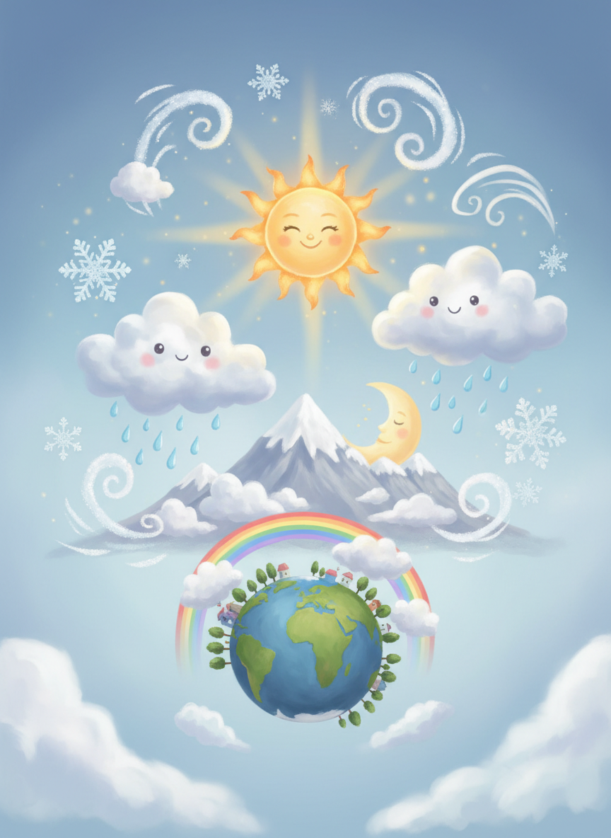 태양, 구름, 비, 눈 등 무료 날씨 아이콘으로 이루어진 기발한 하늘 풍경, 부드러운 조명.