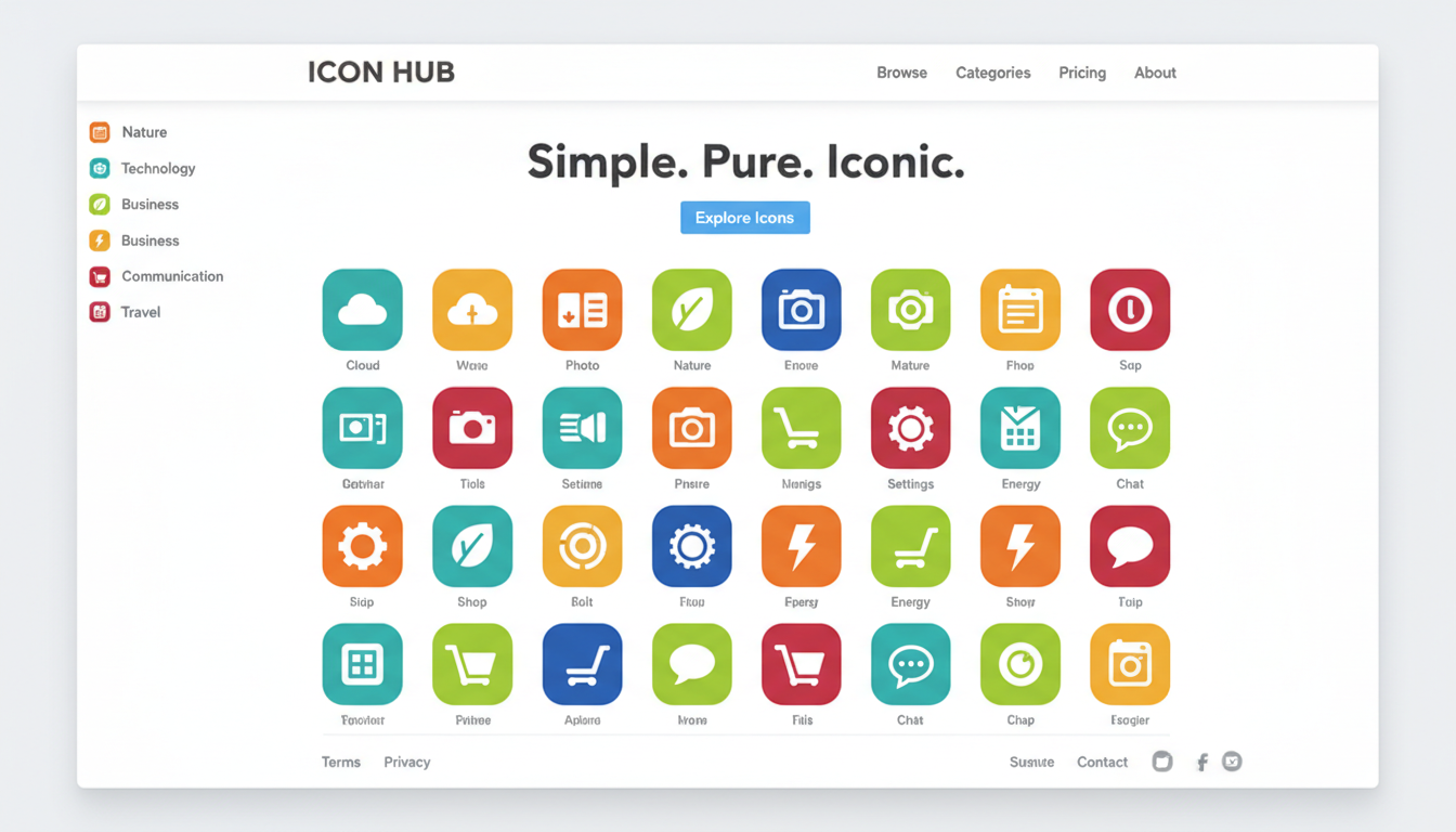 단순하고 다채로운 2D 아이콘들을 선보이는 플랫 디자인 스타일의 아이콘 웹사이트.