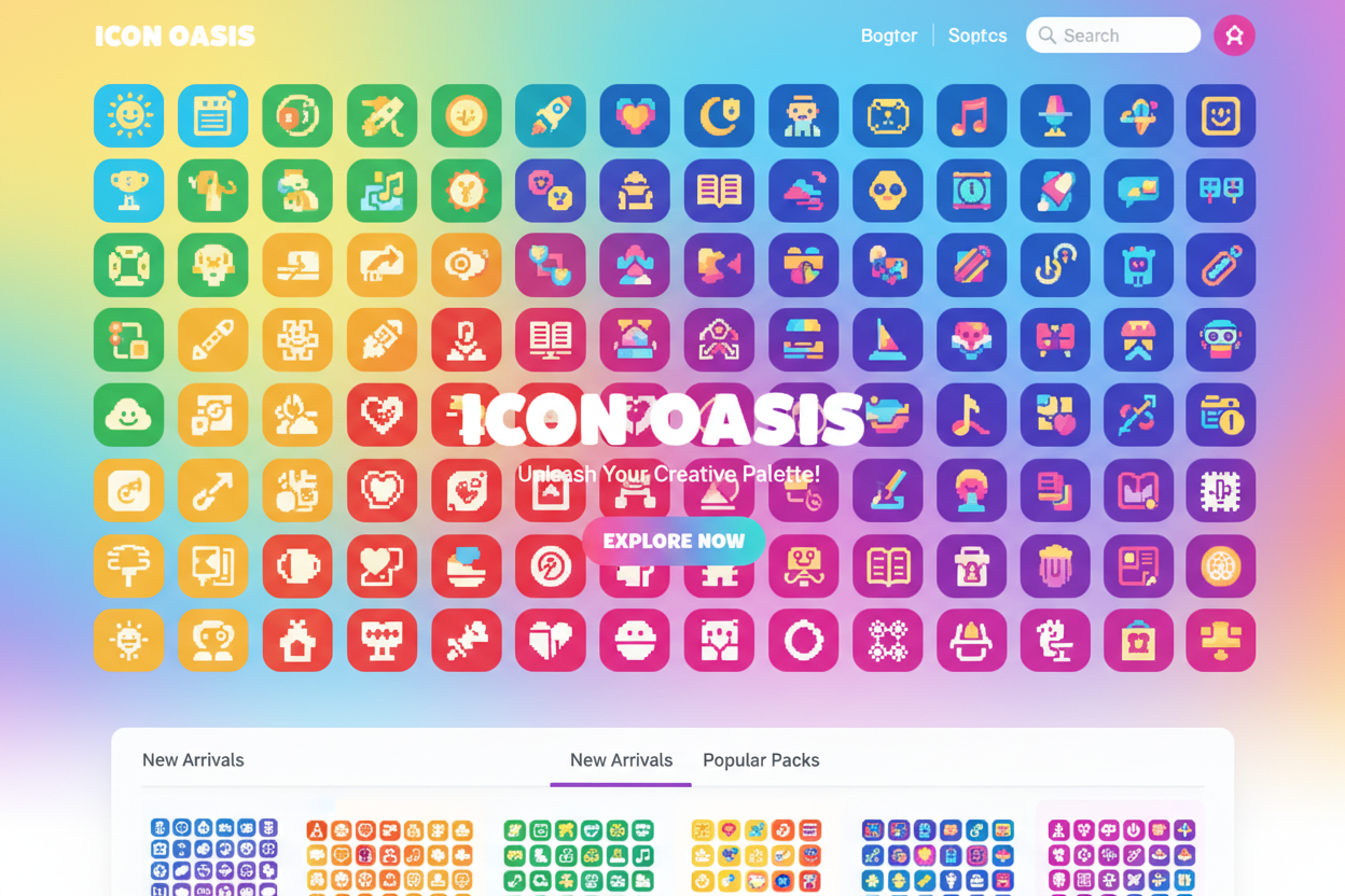 다양한 색상의 아이콘을 보여주는 활기차고 다채로운 아이콘 웹사이트.