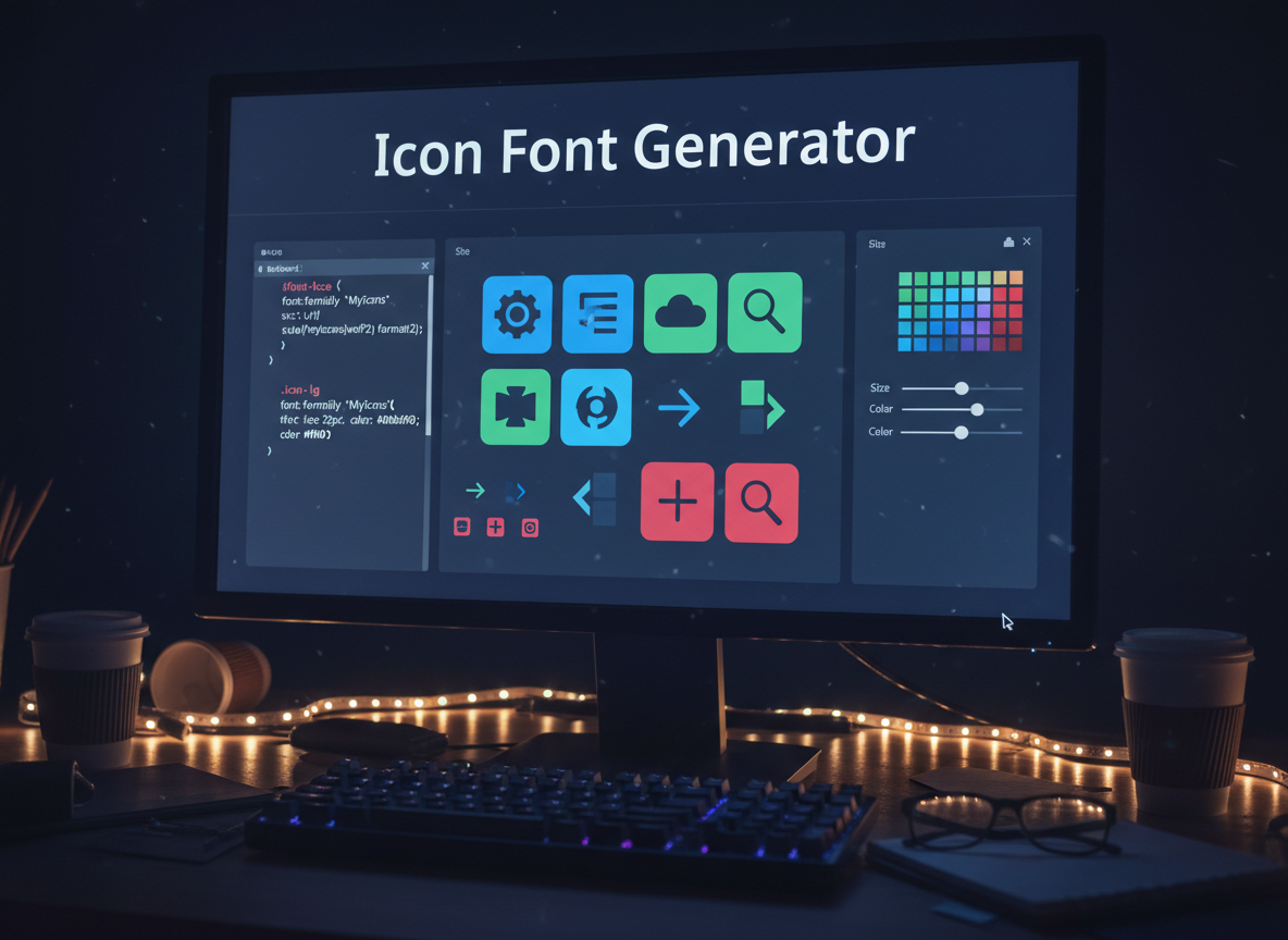 어두운 코딩 환경에서 아이콘 폰트 생성기 웹사이트 화면이 희미하게 빛나고 있습니다.
