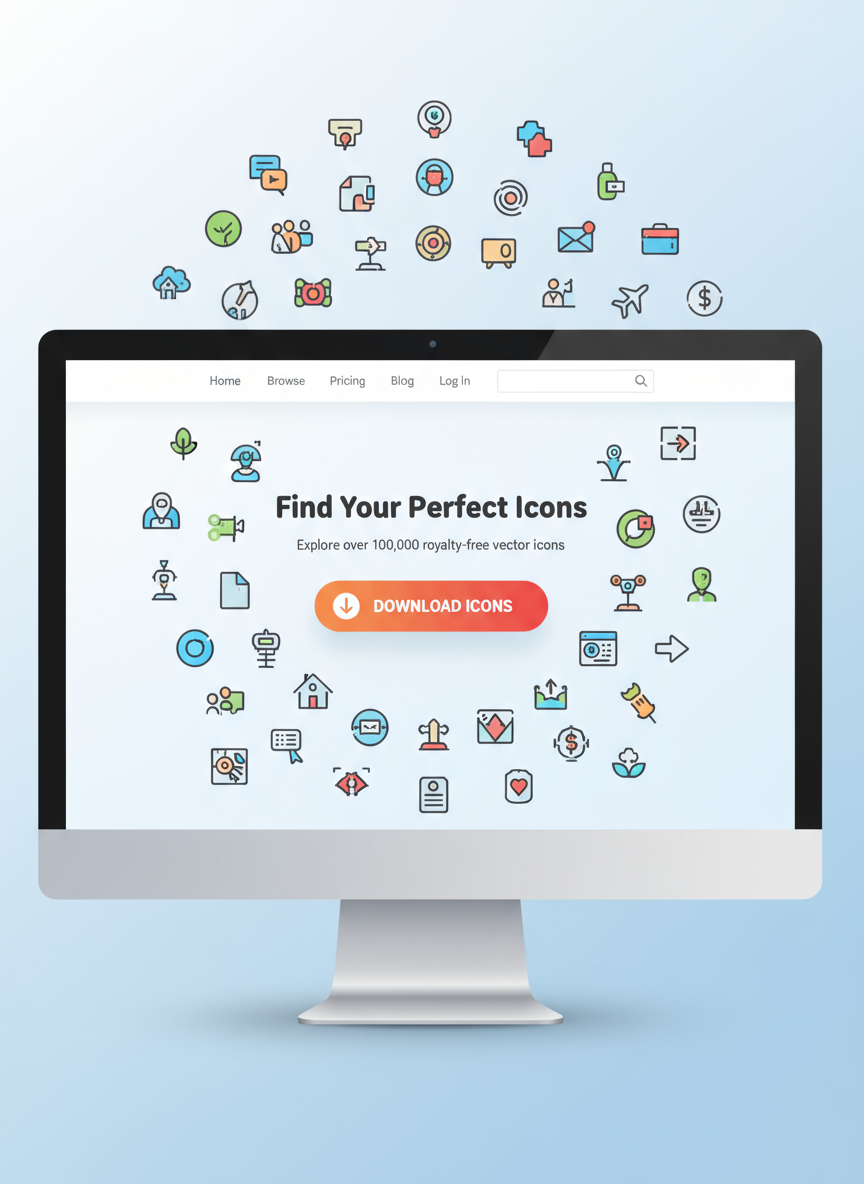 크고 명확한 '아이콘 다운로드' 버튼과 주변 아이콘들이 있는 깔끔한 아이콘 웹사이트 인터페이스.