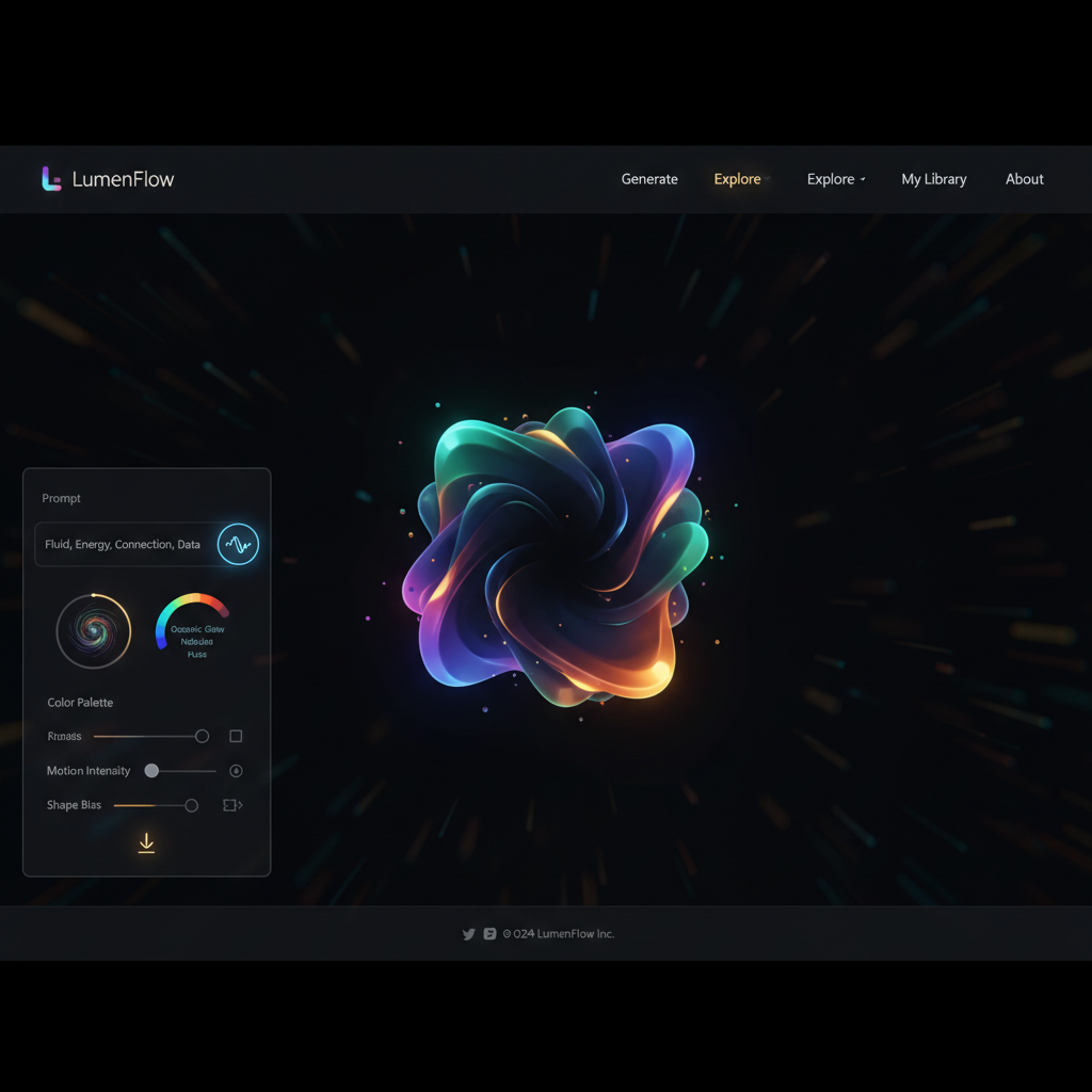 추상적이고 유동적인 아이콘 생성 웹사이트 인터페이스로, 동적인 형태와 그라데이션이 특징입니다.