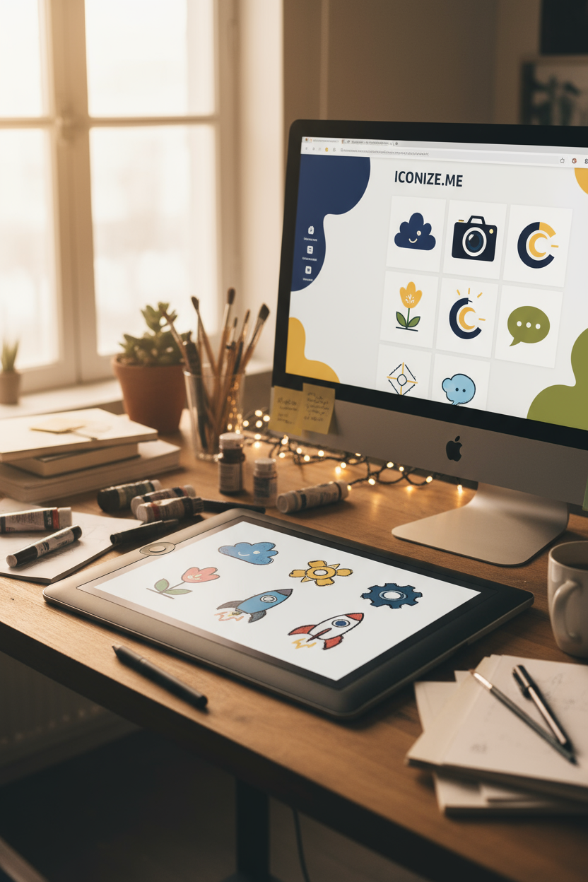 디지털 태블릿에 손으로 그린 아이콘 스케치로 가득 찬 활기찬 아티스트의 책상, 컴퓨터 화면에는 비슷한 예술적 스타일의 라이브 '아이콘 사이트'가 보인다. 따뜻하고 창의적인 분위기.