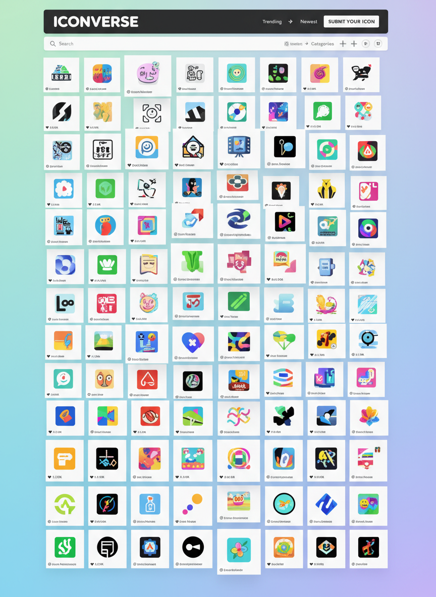사용자 제출 아이콘이 가득한 활기찬 커뮤니티 기반 아이콘 갤러리 웹사이트입니다.