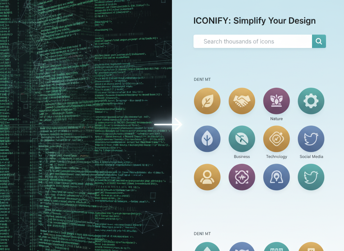 한쪽은 원본 코드, 다른 한쪽은 세련된 아이콘 사이트 인터페이스를 보여주는 분할 화면.