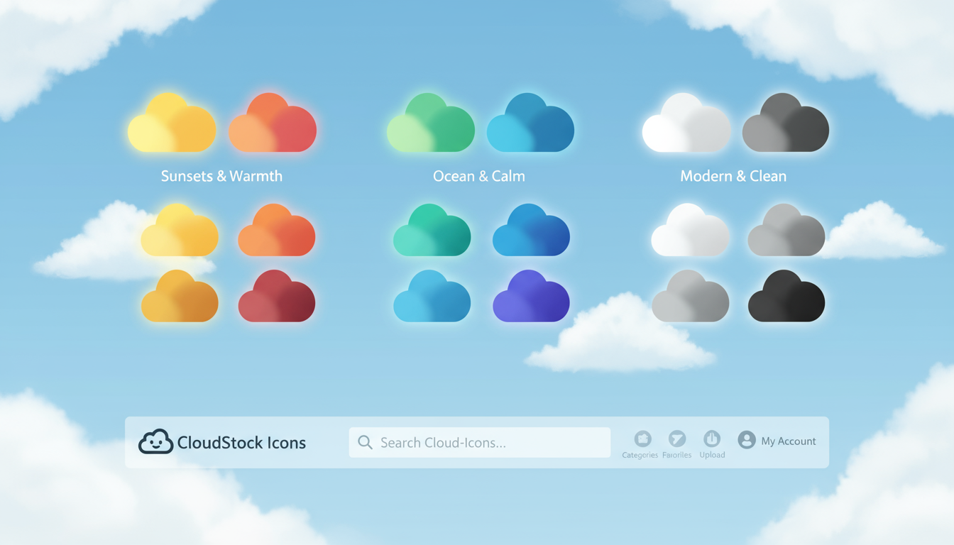 구름 형태의 아이콘이 있는 클라우드 기반 아이콘 저장소 웹사이트의 재미있는 일러스트입니다.