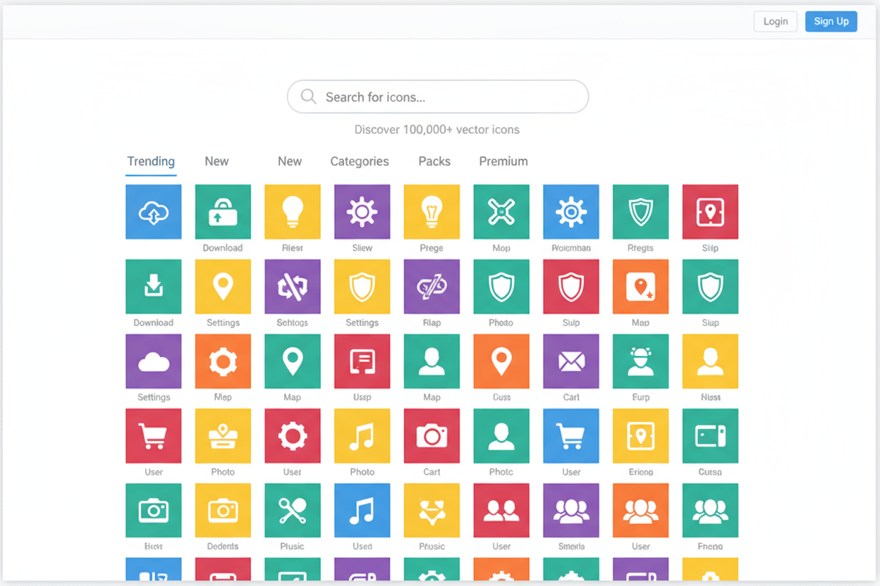 다채로운 플랫 디자인 아이콘 그리드와 검색 바가 있는 현대적인 웹사이트.