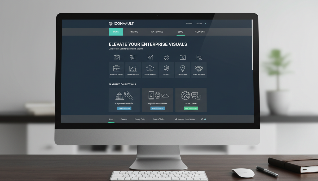 기업용으로 제작된 전문적인 아이콘 웹사이트로, 선명한 비즈니스 관련 아이콘들을 보여준다.