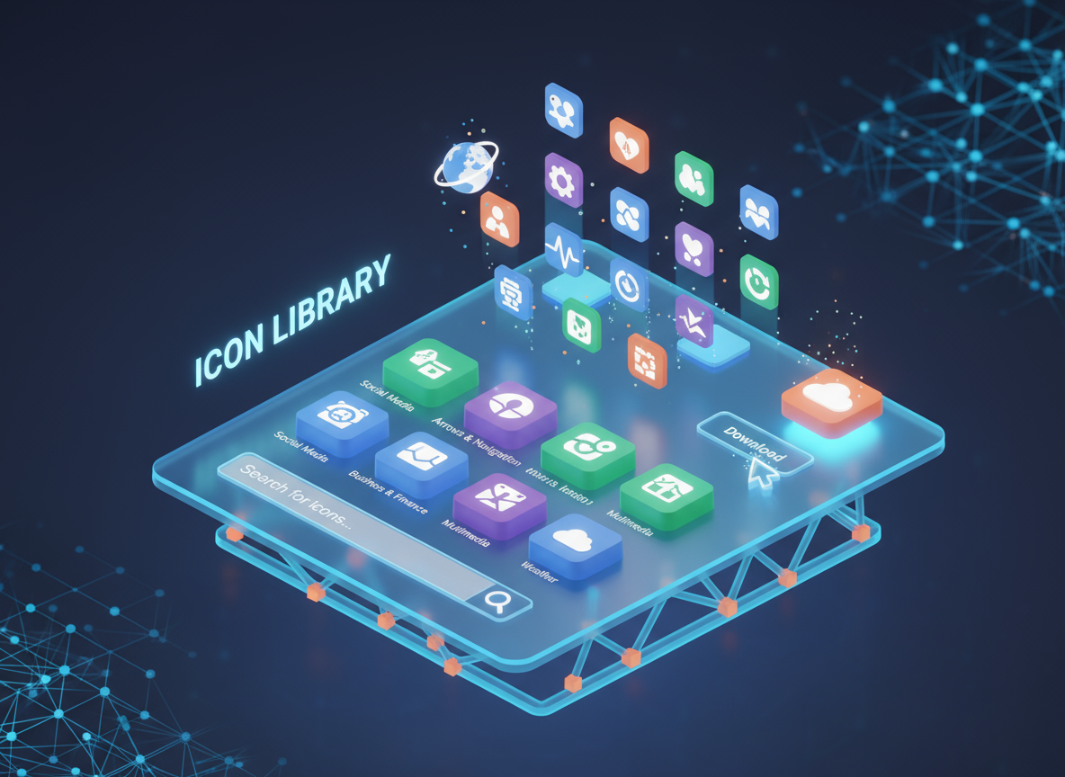 상호작용 요소, 검색창, 명확하게 정의된 아이콘 카테고리를 갖춘 잘 디자인된 '아이콘 라이브러리 웹사이트'의 아이소메트릭 뷰. 현대적, 3D 렌더링, 생생한 팔레트.