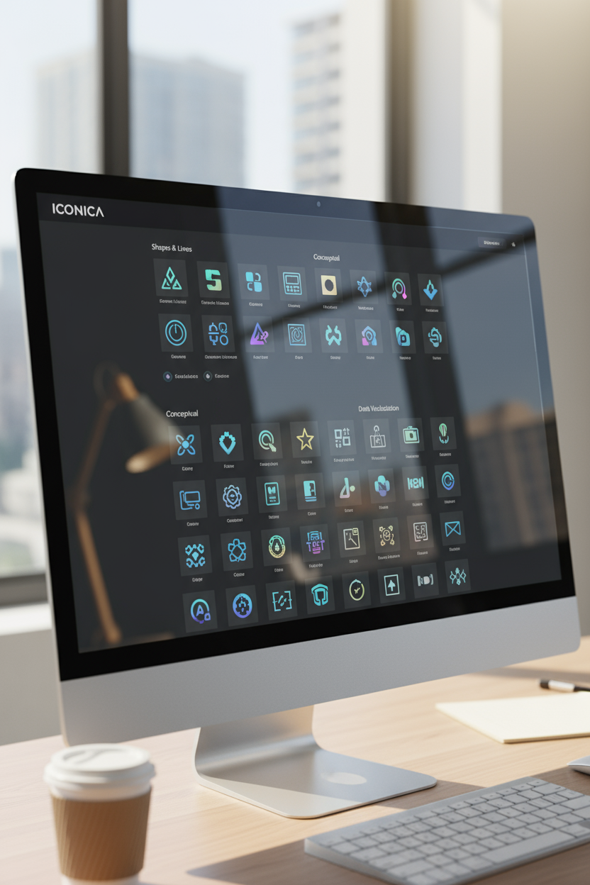 전문 아이콘 갤러리 웹사이트가 표시된 사실적인 데스크톱 모니터 렌더링입니다.