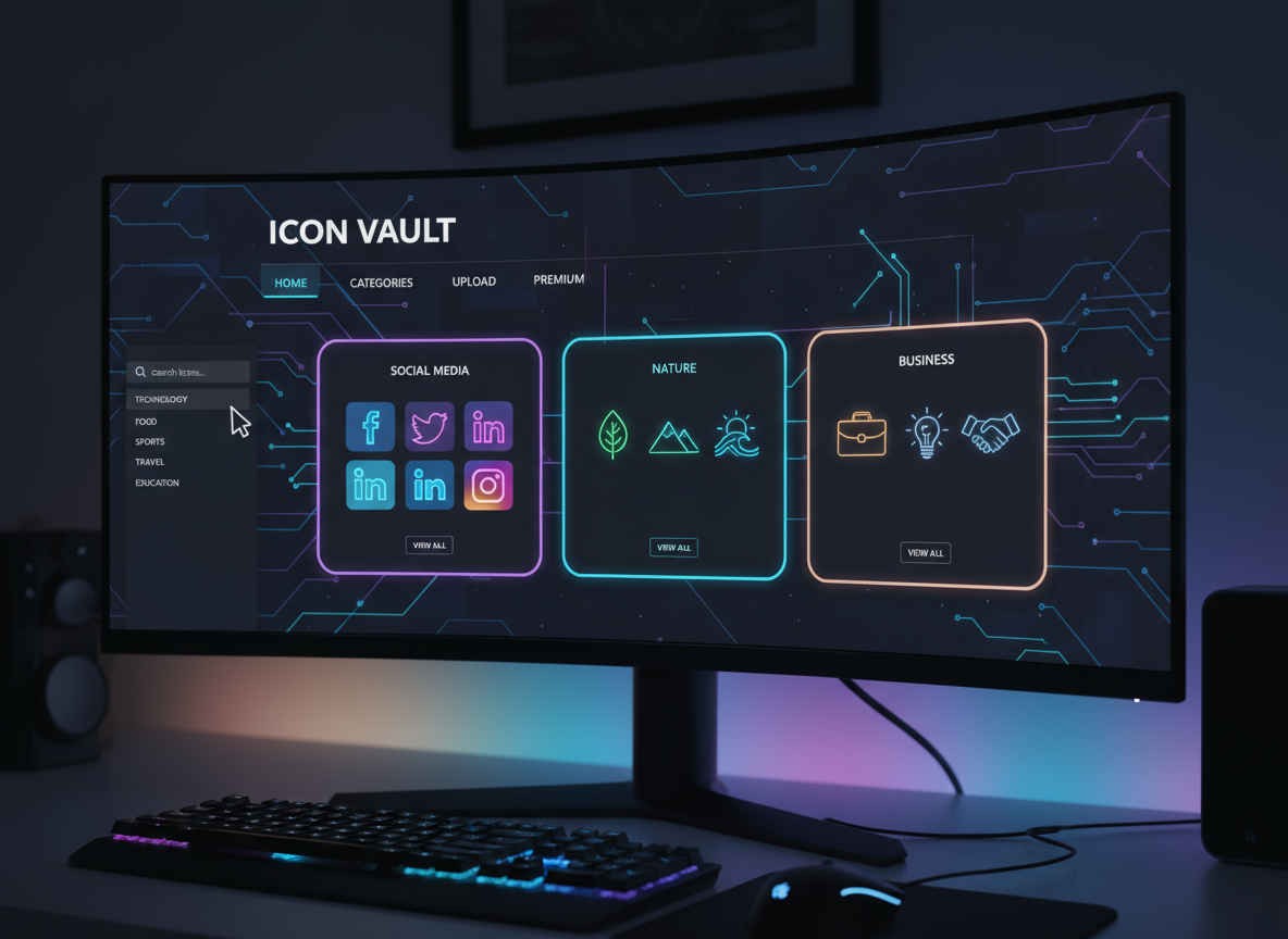 다양한 아이콘 카테고리를 보여주는 다크 테마 아이콘 웹사이트가 데스크톱 화면에 표시됨.