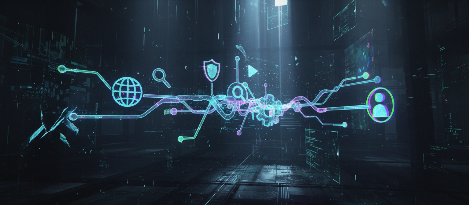 어두운 미래형 사이버 공간을 배경으로 서로 연결된 빛나는 데이터 스트림이 다양한 아이콘 형태를 이루는 추상적인 '아이콘 사이트' 표현.