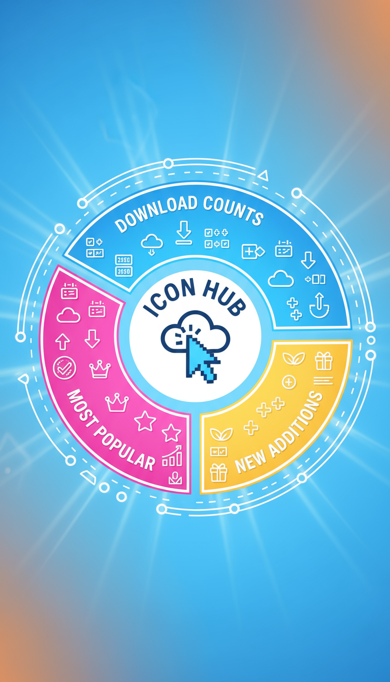 관련 작은 아이콘들로 채워진 아이콘 사이트 통계를 보여주는 생동감 넘치는 원형 인포그래픽.