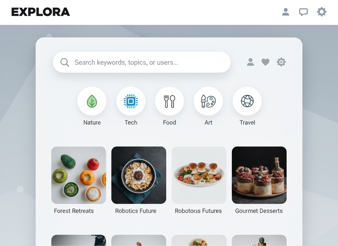 아이콘 검색을 위한 명확한 검색창과 카테고리 필터가 있는 아이콘 웹사이트 인터페이스.