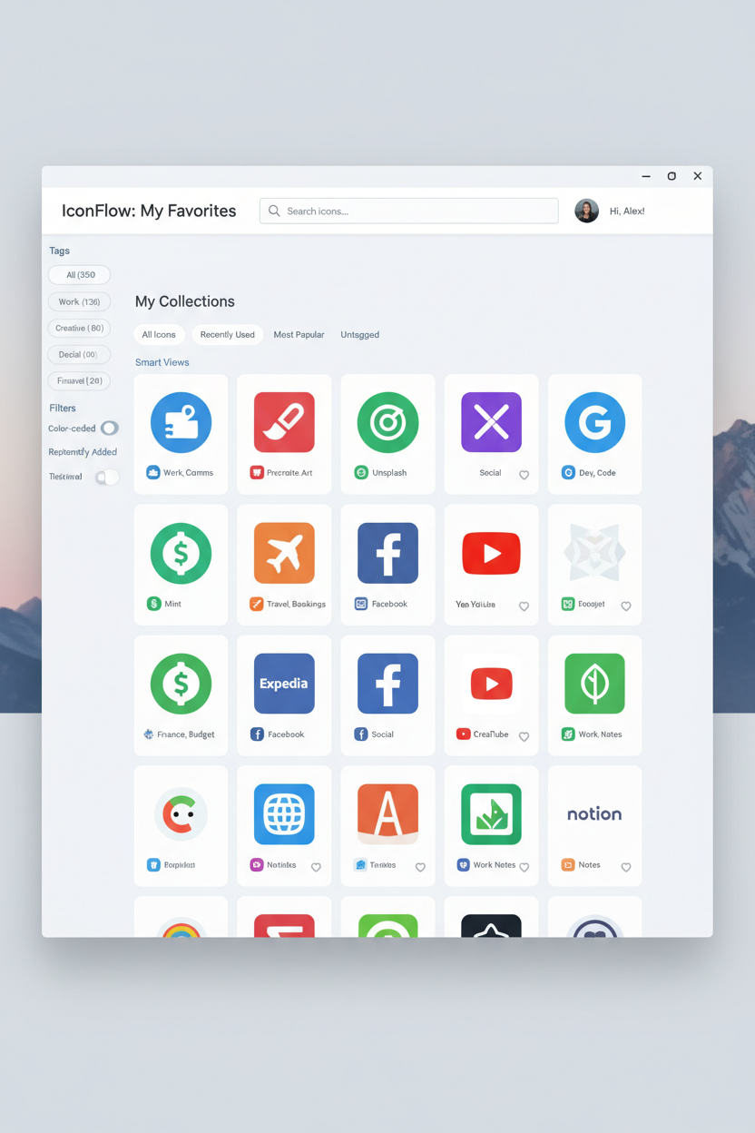 개인화된 '즐겨찾는 아이콘' 컬렉션 웹사이트의 데스크톱 스크린샷입니다.