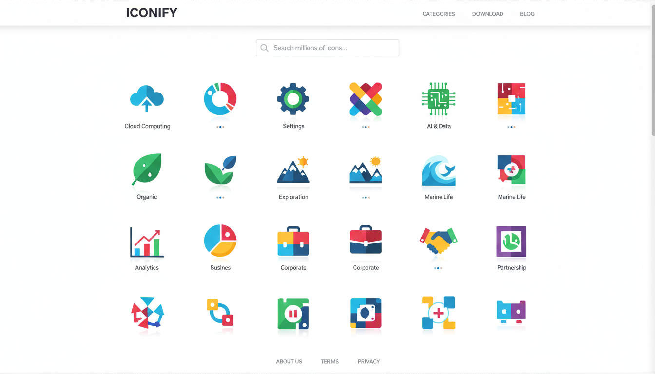 깔끔한 웹사이트 인터페이스에 다채로운 플랫 디자인 아이콘이 전시되어 있습니다.
