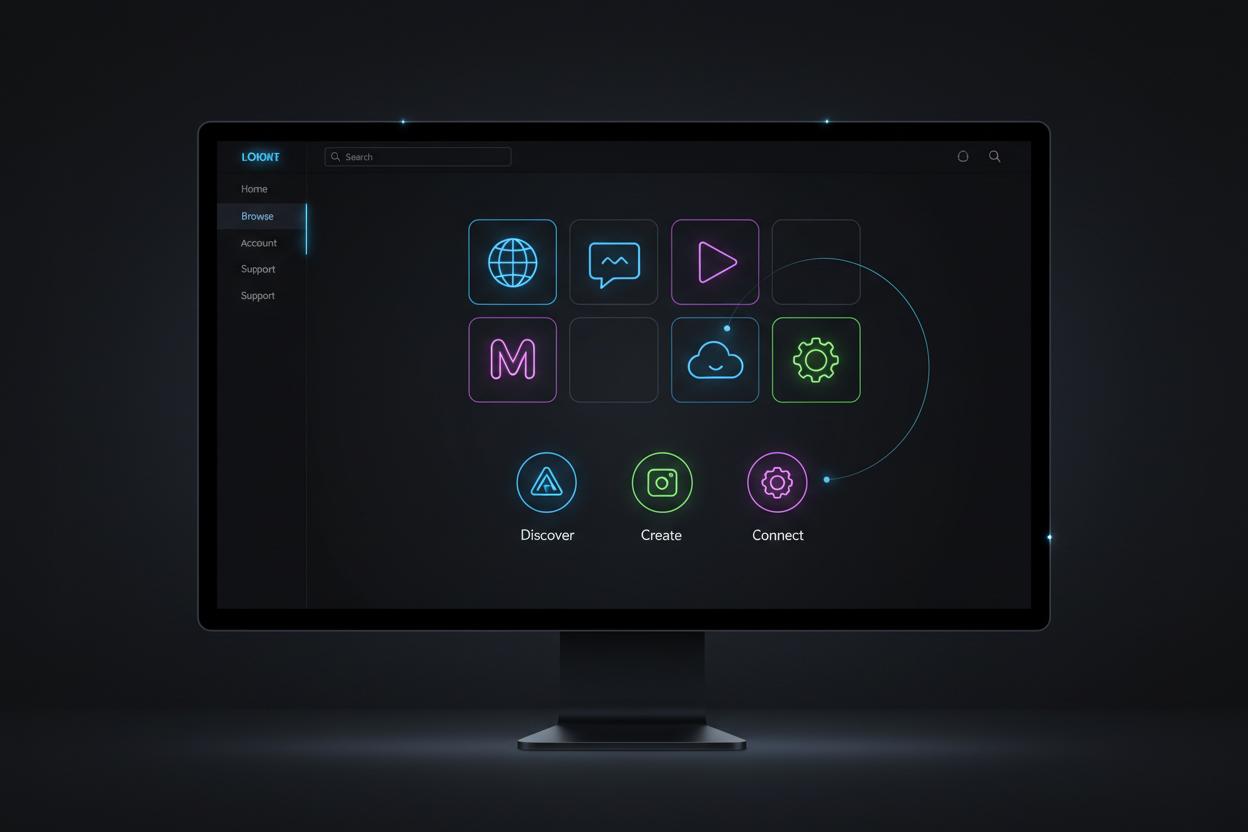 네온 액센트 아이콘들이 있는 다크 모드에서 작동하는 세련된 아이콘 웹사이트.