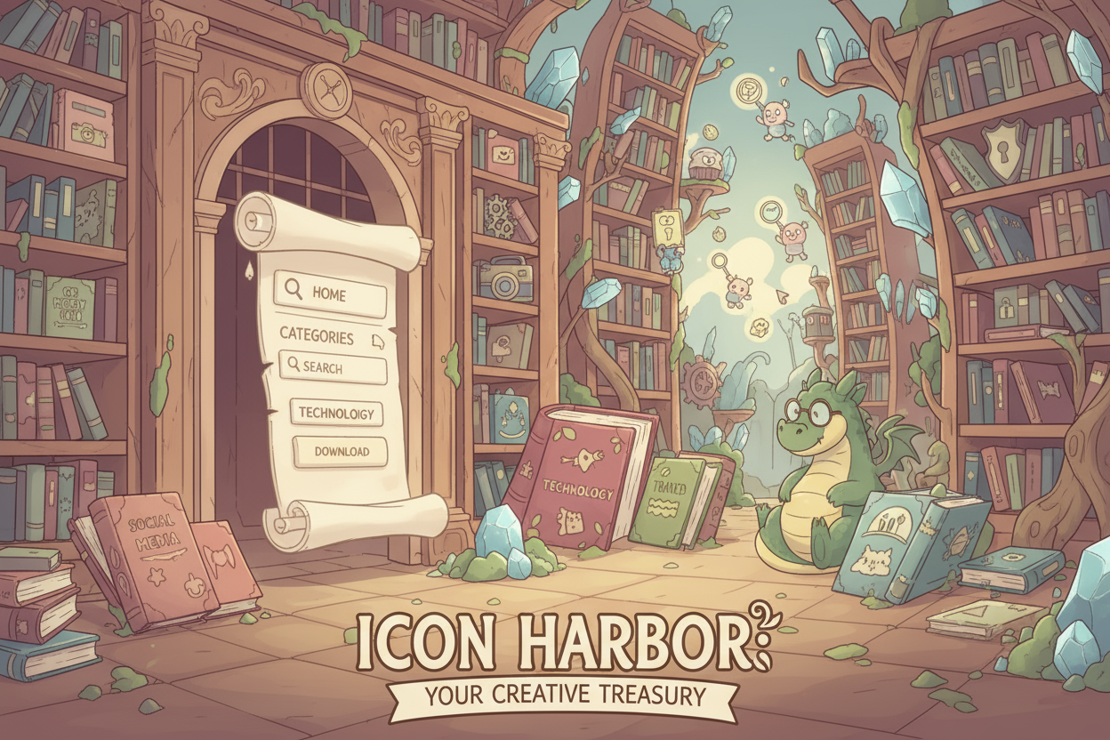 아이콘 라이브러리 웹사이트를 표현한 기발한 카툰 일러스트레이션입니다.